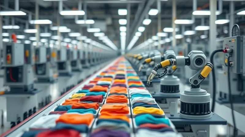 A photorealistic image of a streamlined factory floor with robotic arms working efficiently on small batches of colorful clothing, cinematic lighting, sharp focus on the machinery, depth of field blurring the background, 8K hyper-detailed.