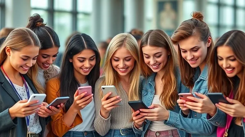A photorealistic image of a diverse group of stylish teenagers looking at their phones, some smiling and interacting, with social media icons subtly overlaid, representing real-time feedback and engagement, professional photography, 8K, cinematic lighting, sharp focus, depth of field.