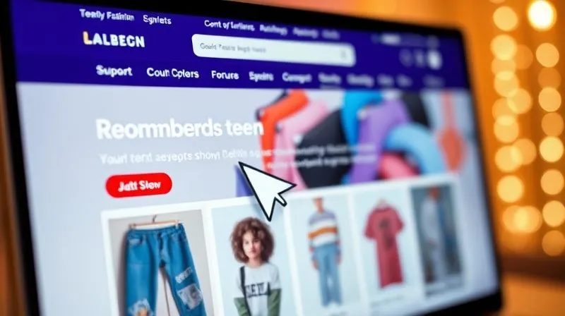 A photorealistic image of a vibrant e-commerce website displaying teen fashion, with a cursor hovering over a personalized recommendation, clean UI, professional photography, 8K, cinematic lighting, sharp focus, depth of field.