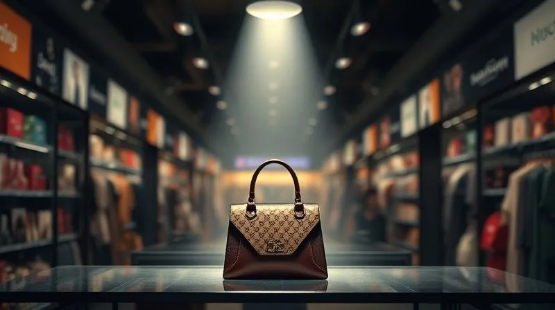 A photorealistic image of a single, exquisite luxury handbag under a spotlight, surrounded by a subtle, almost invisible barrier, contrasting with a blurred background of a bustling, crowded retail store. The lighting is cinematic, sharp focus on the handbag, depth of field. 8K, shot on a high-end DSLR.