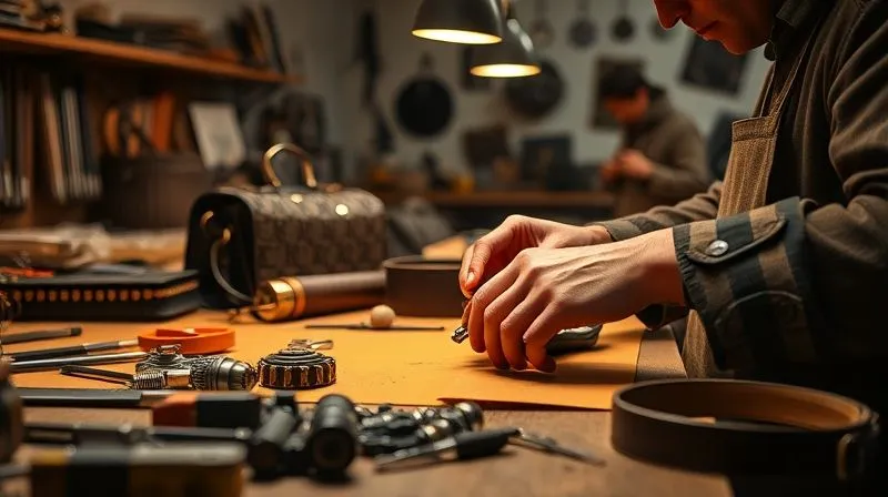 A photorealistic image of skilled artisans meticulously working on deconstructing and reassembling luxury handbags into new, unique designs in a well-lit, sophisticated workshop. Tools and high-quality materials are visible. Cinematic lighting, sharp focus on the hands and detailed work, depth of field. 8K, shot on a high-end DSLR.