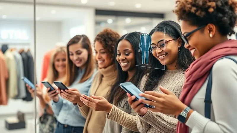 A photorealistic, professional photography shot of a diverse group of happy customers using virtual try-on technology on their smartphones and tablets, with holographic clothing items seamlessly overlaid on their reflections. The setting is a modern, brightly lit e-commerce showroom, emphasizing ease of use and satisfaction. Cinematic lighting, sharp focus on the virtual try-on experience, depth of field blurring the background. Shot on a high-end DSLR, 8K hyper-detailed.
