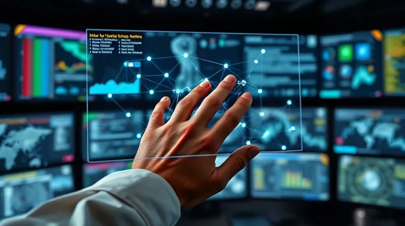 A photorealistic, professional photography shot of a data scientist's hands hovering over a holographic interface displaying complex data streams and network graphs, with specific nodes highlighting suspicious return patterns. The interface glows with subtle AI neural network patterns, set in a modern, dark command center with cinematic lighting. Sharp focus on the hands and interface, depth of field blurring the background monitors. Shot on a high-end DSLR, 8K hyper-detailed.