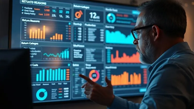 A photorealistic, professional photography, 8K, cinematic lighting, sharp focus, depth of field, shot on a high-end DSLR, of a data analyst intently examining a complex dashboard displaying various return metrics, including return reasons, product categories, and associated costs, with digital graphs and charts overlaid on a screen.