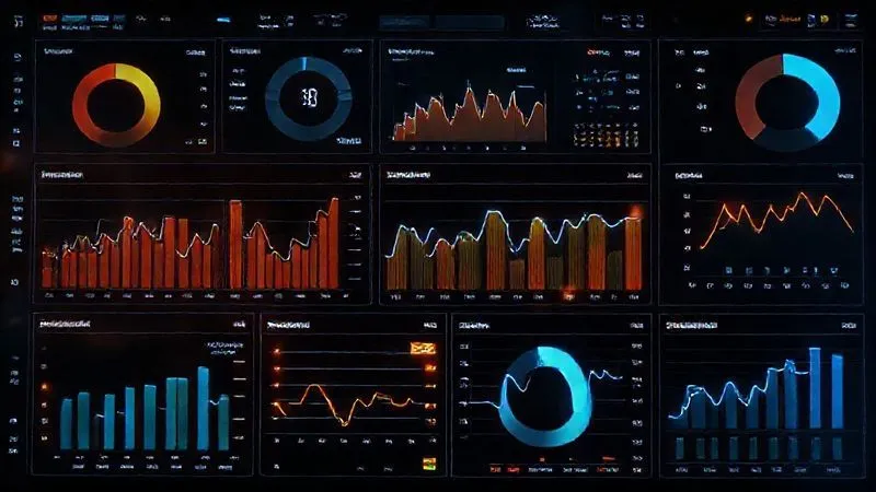 A photorealistic image of a complex data dashboard displaying various charts and graphs, with key performance indicators related to sales, inventory, and customer behavior. The dashboard is clean, modern, and highly functional, with glowing data points indicating real-time updates. Soft, professional lighting, 8K hyper-detailed.