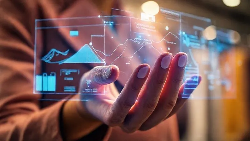 A photorealistic close-up of a fashion designer's hands interacting with a holographic interface, which displays dynamic inventory projections and supply chain routes. The interface glows with data, showing optimal stock levels and potential disruptions, suggesting intelligent, future-oriented planning. Cinematic lighting, sharp focus on hands and hologram, 8K.
