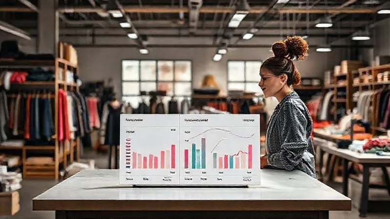 A photorealistic shot of a busy fashion designer looking confidently at a tablet, which displays optimized inventory levels and reduced waste metrics. Behind them, a sustainable fashion workshop operates efficiently, with minimal material waste visible. The scene evokes a sense of control, responsibility, and modern efficacy. Shot with cinematic lighting, 8K hyper-detailed, professional photography.