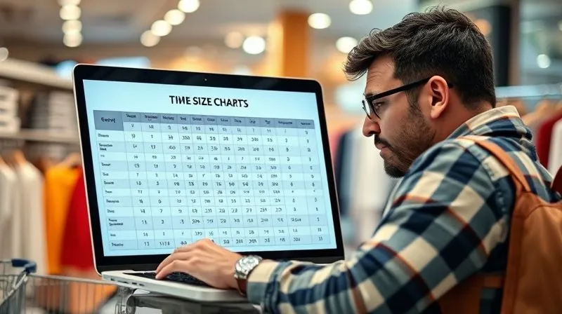A photorealistic image of a confused shopper looking at multiple size charts from different brands on a laptop screen, expressing frustration. Professional photography, 8K, cinematic lighting, sharp focus, depth of field.