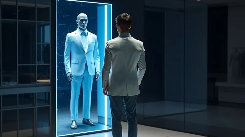 A photorealistic image of a person standing in front of a sleek, futuristic digital mirror, seeing a perfectly fitted virtual garment overlaid on their reflection. Glowing AI interfaces are visible. Professional photography, 8K, cinematic lighting, sharp focus, depth of field.