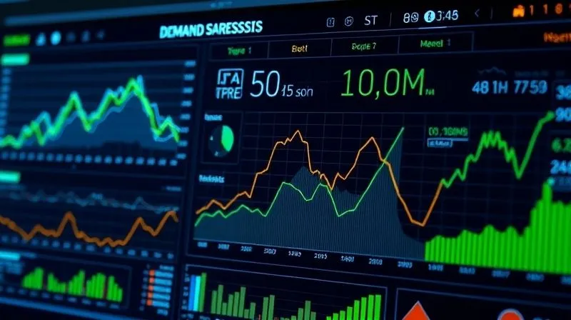 photorealistic, professional photography, 8K, cinematic lighting, sharp focus, depth of field, shot on a high-end DSLR, a sophisticated digital dashboard displaying intricate graphs and charts of fashion sales trends, weather patterns, and social media sentiment, with a glowing AI neural network overlaying the data, symbolizing predictive analytics for precise demand forecasting, vibrant green lines indicating reduced waste.