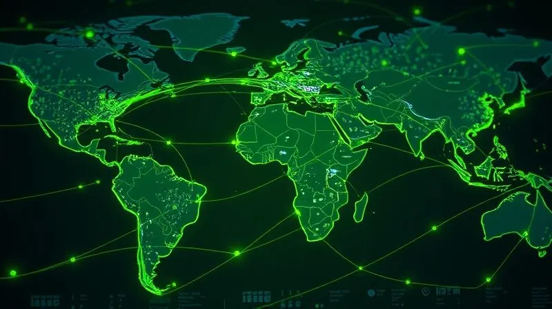 photorealistic, professional photography, 8K, cinematic lighting, sharp focus, depth of field, shot on a high-end DSLR, a complex global shipping map with glowing green lines representing optimized, low-carbon logistics routes for fashion goods, intertwining with cargo ships, trucks, and trains, all connected by digital data streams, symbolizing AI-driven supply chain efficiency and reduced emissions.