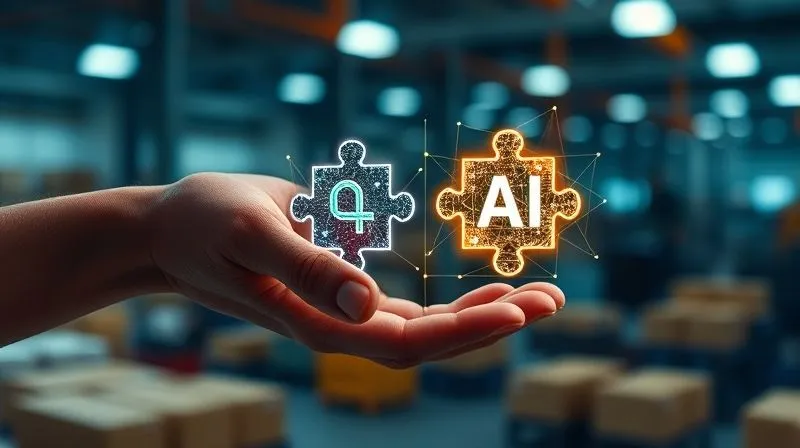 photorealistic, professional photography, 8K, cinematic lighting, sharp focus, depth of field, shot on a high-end DSLR, a human hand reaching out to connect two glowing digital puzzle pieces, one representing complex fashion supply chain data and the other an AI neural network, symbolizing the integration challenges and collaborative effort required to implement AI for sustainability, with a background of blurred factory and logistics visuals.