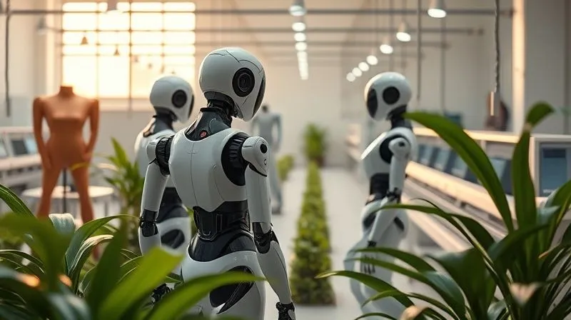 photorealistic, professional photography, 8K, cinematic lighting, sharp focus, depth of field, shot on a high-end DSLR, a futuristic, minimalist fashion factory bathed in soft, natural light, with autonomous robots gracefully moving textiles, surrounded by lush green plants, and a holographic display showing real-time carbon emission reductions, symbolizing a fully sustainable, AI-driven fashion supply chain of the future, evoking peace and technological harmony.
