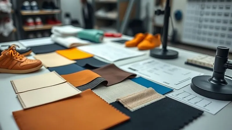 A photorealistic, professional photography, 8K, cinematic lighting, sharp focus, depth of field shot on a high-end DSLR, showing a diverse range of footwear material swatches (leather, synthetic, textile, rubber) meticulously arranged on a clean, well-lit workbench, with a magnifying glass and a quality control checklist visible. The scene should convey precision and attention to detail in material selection.
