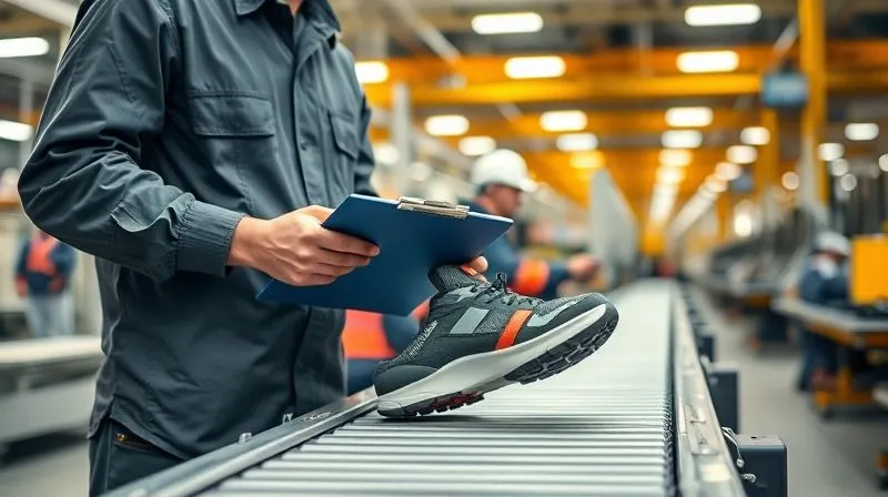 A photorealistic, professional photography, 8K, cinematic lighting, sharp focus, depth of field shot on a high-end DSLR, showing a factory floor worker in professional attire meticulously inspecting a partially assembled shoe on a conveyor belt, holding a clipboard. The background shows other workers and machinery, conveying an active, quality-focused manufacturing environment.
