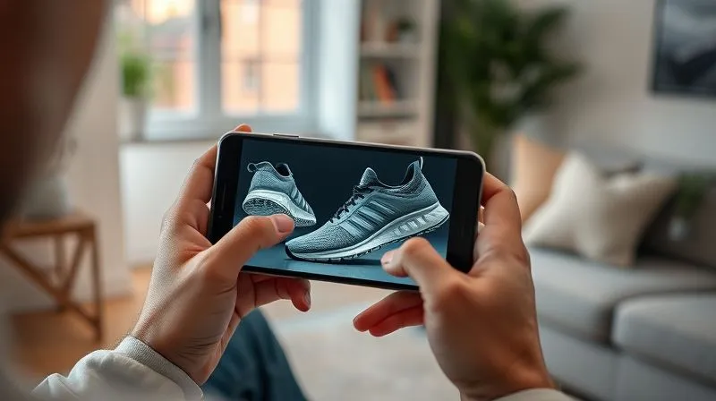 photorealistic, professional photography, 8K, cinematic lighting, sharp focus, depth of field, shot on a high-end DSLR, a person using a smartphone to virtually try on a pair of sleek athletic shoes on their foot, the phone screen shows an augmented reality overlay of the shoe, in a modern, well-lit home environment, focusing on the seamless integration of technology and footwear shopping.