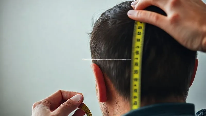 A photorealistic, professional photography, 8K, cinematic lighting, sharp focus, depth of field, shot on a high-end DSLR. Image showing a person's head being measured with a flexible tape measure, close-up on the tape and head, with a clear and simple infographic overlay demonstrating the correct points for measurement. The background is a clean, minimalist e-commerce studio setting.