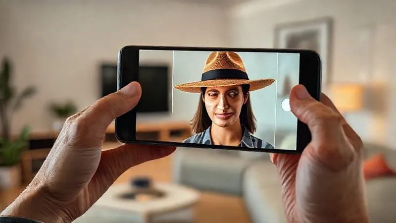 A photorealistic, professional photography, 8K, cinematic lighting, sharp focus, depth of field, shot on a high-end DSLR. Image depicting a person using a smartphone to virtually try on a stylish fedora hat, with a realistic AR overlay showing the hat on their head on the phone screen. The background is a modern, clean living room setting, indicating ease of use at home.