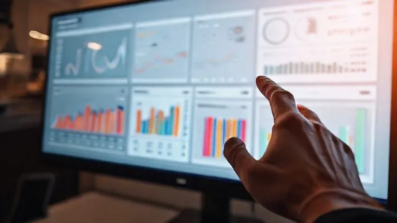 A photorealistic, professional photography, 8K, cinematic lighting, sharp focus, depth of field, shot on a high-end DSLR. Image depicting a sleek, modern data analytics dashboard on a large monitor, displaying various charts and graphs related to e-commerce return rates, categorized by product type and reason, with a clear focus on 'fit' data. A hand points to a specific data point on the screen, indicating analysis and insight generation.