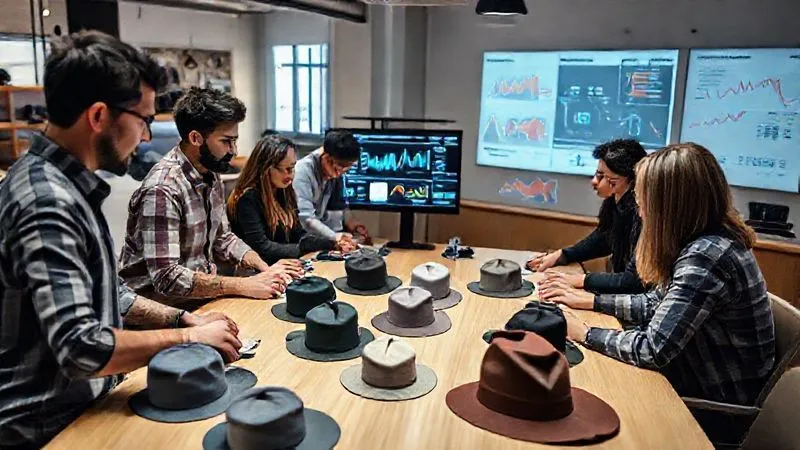 A photorealistic, professional photography, 8K, cinematic lighting, sharp focus, depth of field, shot on a high-end DSLR. Image showing a diverse team of e-commerce professionals, including designers, marketers, and data analysts, collaborating around a large table, reviewing hat samples and digital analytics on a screen, all focused on improving product fit and reducing returns. The atmosphere is innovative and collaborative.