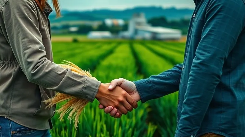 A photorealistic image showing a handshake between a farmer holding a sheaf of natural fibers and a textile innovator holding a swatch of biodegradable fabric, set against a backdrop of a lush, sustainably managed field with a modern textile factory in the distant background. Professional photography, 8K, cinematic lighting, sharp focus on the handshake, depth of field, shot on a high-end DSLR.