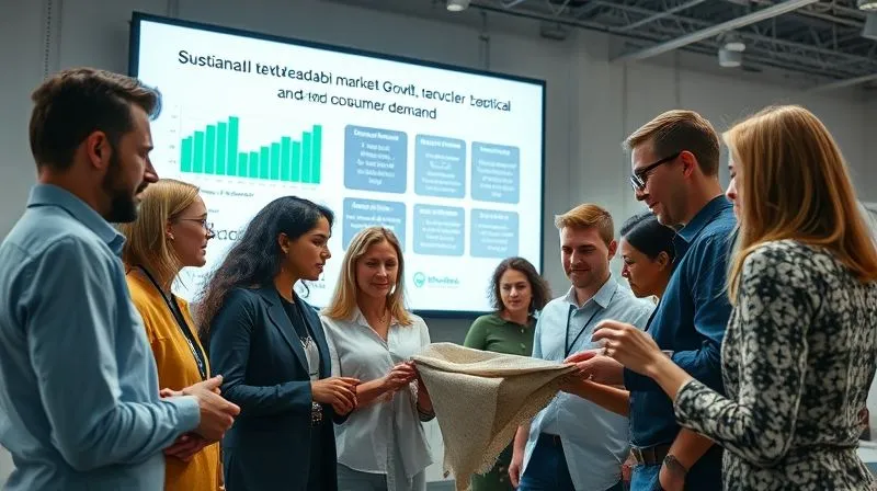A photorealistic image of a diverse group of fashion industry professionals (designers, brand managers, material scientists) engaged in a vibrant discussion, examining swatches of biodegradable fabric under bright studio lights. A large digital screen in the background displays infographics on sustainable textile market growth and consumer demand. Professional photography, 8K, cinematic lighting, sharp focus on the fabric swatches, depth of field, shot on a high-end DSLR.