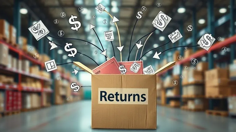 A photorealistic, professional photography, 8K, cinematic lighting, sharp focus, depth of field, shot on a high-end DSLR image showing a complex web of interconnected financial symbols (dollar signs, percentage signs) and arrows, leading to a large, overflowing box labeled 'Returns'. The background is a blurred, modern retail warehouse. The mood is stressful but insightful.