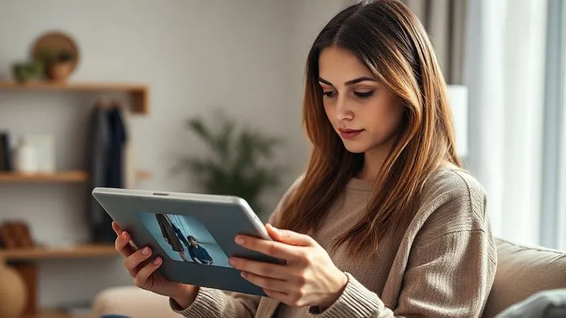 A photorealistic, professional photography, 8K, cinematic lighting, sharp focus, depth of field, shot on a high-end DSLR image of a customer looking at a smart tablet displaying a fashion item. Overlaying the image is a subtle, transparent AI interface with personalized size recommendations and a small warning icon, indicating proactive intervention. The customer looks thoughtful but reassured. The setting is a modern, minimalist home environment.