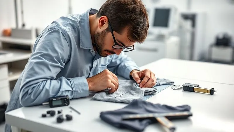 A photorealistic, professional photography shot of a textile engineer meticulously measuring a small child's garment on a specialized measurement table, with digital calipers and a detailed tech pack open beside them. The environment is a clean, well-lit apparel quality control lab. 8K, cinematic lighting, sharp focus on the garment and tools, depth of field blurring the background, shot on a high-end DSLR, conveying precision and expertise.