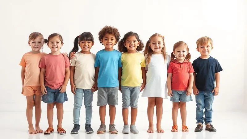 A photorealistic, professional photography shot of a diverse group of happy children, aged 2-10, standing in a line in a bright, minimalist studio. Each child is wearing a different size of the same simple t-shirt, clearly demonstrating the fit variations. A graphic overlay (implied) shows height and size recommendations. 8K, cinematic lighting, sharp focus on the children, depth of field blurring the background, shot on a high-end DSLR, conveying clarity and helpfulness.