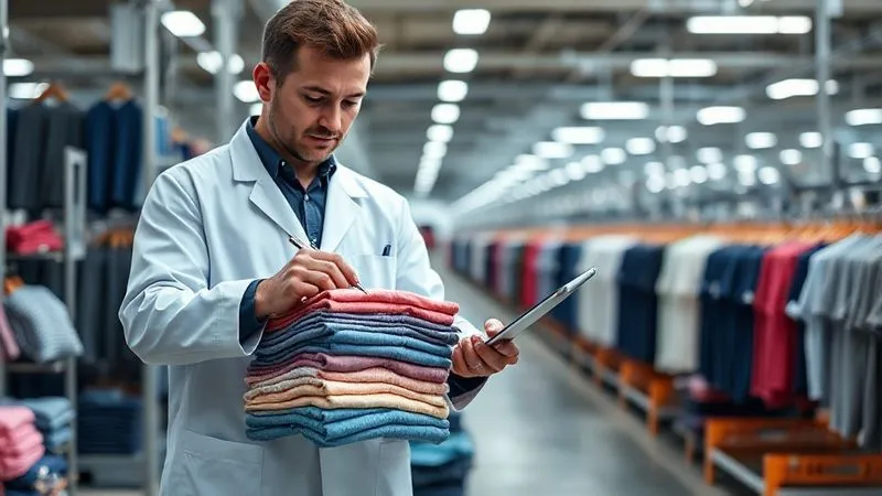 A photorealistic, professional photography shot inside a modern apparel factory's quality control department. A QC inspector, wearing a lab coat, is meticulously measuring a stack of folded children's pants with digital calipers, referencing a clear tech pack on a tablet. The background shows blurred racks of finished garments. 8K, cinematic lighting, sharp focus on the inspector and garments, depth of field blurring the factory floor, shot on a high-end DSLR, conveying precision and high standards.