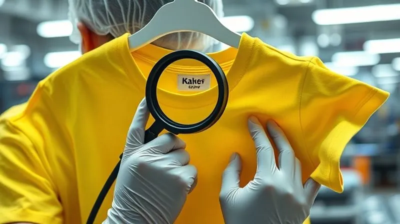photorealistic, professional photography, 8K, cinematic lighting, sharp focus, depth of field, shot on a high-end DSLR. A skilled quality control inspector, wearing protective gloves, meticulously examining the inside seam and label of a bright yellow child's t-shirt with a magnifying glass in a well-lit production facility. The focus is on the intricate detail of the garment's construction, conveying precision, care, and a commitment to comfort.