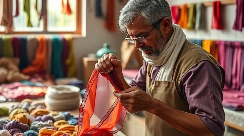 A photorealistic image of a skilled artisan meticulously inspecting a small batch of freshly dyed silk scarves in a sunlit atelier, with various colorful threads and fabrics in the background. The scene exudes craftsmanship and attention to detail. Professional photography, 8K, cinematic lighting, sharp focus on the scarf and hands, depth of field, shot on a high-end DSLR.