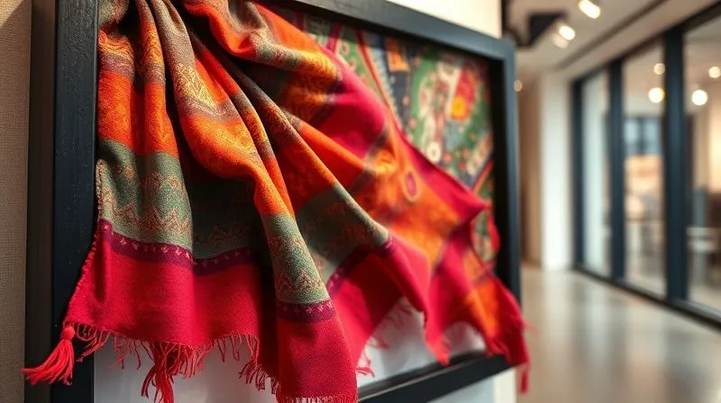 A photorealistic image of a vibrant, upcycled luxury scarf transformed into a unique art piece, perhaps a framed textile artwork or a segment of a bespoke garment, displayed in a modern gallery setting. The lighting emphasizes the texture and rich colors of the fabric. Professional photography, 8K, cinematic lighting, sharp focus on the art piece, depth of field, shot on a high-end DSLR.