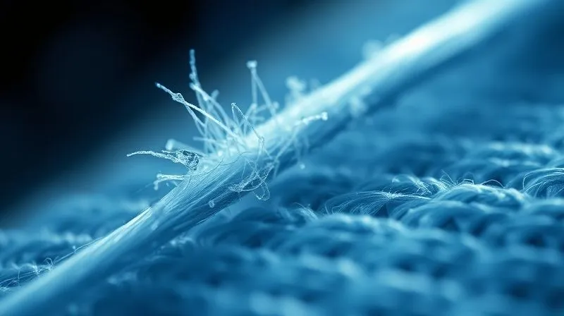 photorealistic, professional photography, 8K, cinematic lighting, sharp focus, depth of field, shot on a high-end DSLR, a microscopic view comparing two synthetic textile fibers. One fiber appears frayed and shedding tiny particles, while the other is smooth, intact, and appears coated or reinforced, with a subtle glow, symbolizing advanced fiber treatment. The background is a soft, scientific bokeh.