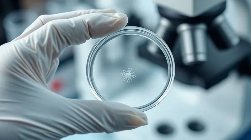photorealistic, professional photography, 8K, cinematic lighting, sharp focus, depth of field, shot on a high-end DSLR, a close-up of a hand in a sterile white glove holding a petri dish with a tiny, almost invisible cluster of microplastic fibers under a microscope. The background shows blurred lab equipment and analytical instruments, conveying a sense of meticulous scientific research and data collection. Emphasize precision and observation.