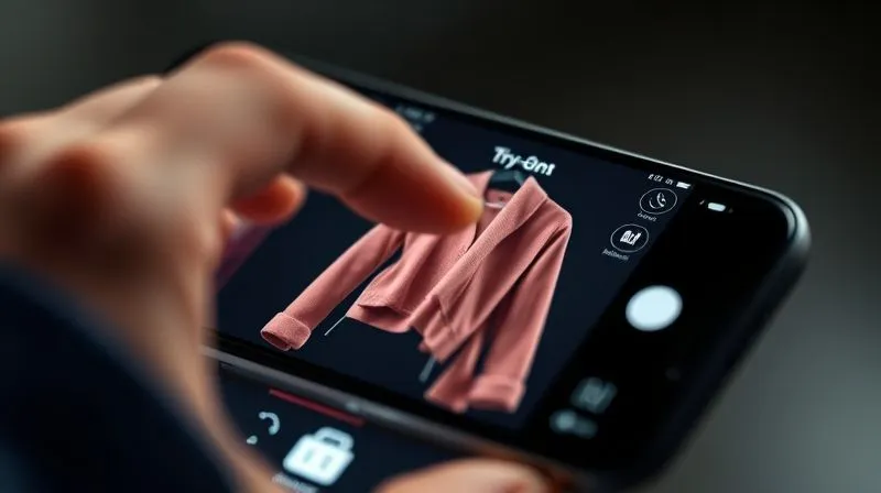 A photorealistic, close-up shot of a smartphone screen displaying a virtual try-on interface, with a finger gently interacting with a 3D garment model, sharp focus on the details of the fabric and UI, 8K, cinematic lighting, depth of field.