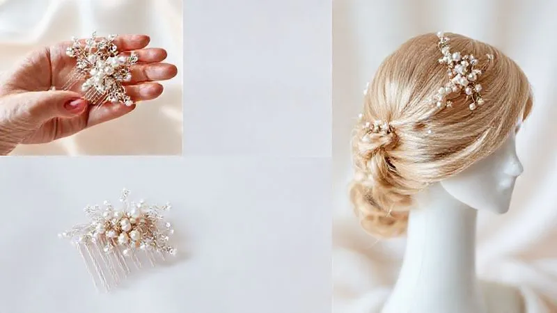 photorealistic, professional photography, 8K, cinematic lighting, sharp focus, depth of field, shot on a high-end DSLR. A bridal hair comb, intricately designed with pearls and crystals, photographed from multiple angles on a soft, elegant background. One shot focuses on the delicate craftsmanship and material textures, another shows its scale next to a hand, and a third demonstrates its flexibility or how it might sit in hair (on a mannequin head). The lighting is soft and flattering, highlighting every detail.