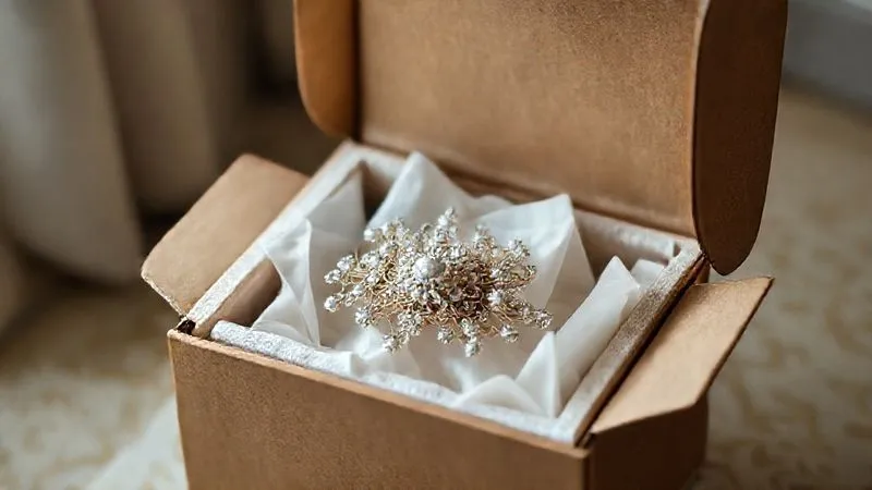 photorealistic, professional photography, 8K, cinematic lighting, sharp focus, depth of field, shot on a high-end DSLR. An open, luxurious shipping box revealing multiple layers of protective packaging around a delicate bridal hair accessory. Custom-fit foam inserts, acid-free tissue paper, and a sturdy inner presentation box are visible, all designed to cradle and secure the item. The scene emphasizes robust protection combined with elegant presentation.