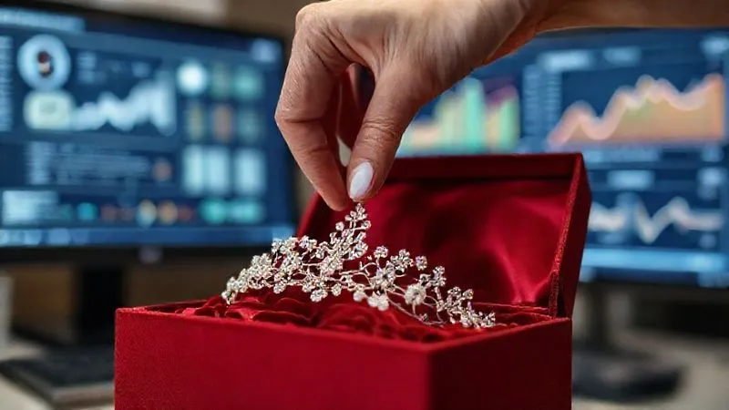 photorealistic, professional photography, 8K, cinematic lighting, sharp focus, depth of field, shot on a high-end DSLR. A close-up of a hand gently placing a beautifully crafted bridal hairpiece into a luxurious, velvet-lined box. The background features a blurred computer screen displaying customer feedback data or analytics, subtly linking the delicate product handling with data-driven decision-making. The image conveys meticulous care and strategic thought.