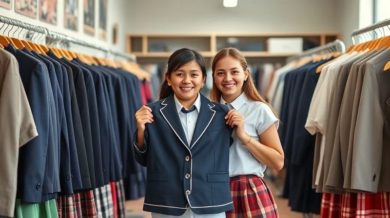 photorealistic, professional photography, 8K, cinematic lighting, sharp focus, depth of field, shot on a high-end DSLR. A cheerful, well-organized school uniform resale shop, with racks of neatly hung blazers, shirts, and skirts. A parent and child are smiling, holding up a uniform item that looks almost new. Soft natural light illuminates the scene, emphasizing community and smart shopping.