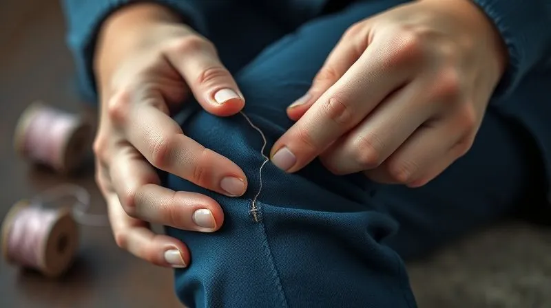photorealistic, professional photography, 8K, cinematic lighting, sharp focus, depth of field, shot on a high-end DSLR. A close-up of a pair of gentle hands carefully stitching a small tear in the knee of a navy blue school uniform trouser. A thimble is on a finger, and a spool of matching thread is visible in the background, implying thoughtful repair and care. The lighting is soft and focused on the hands and fabric.