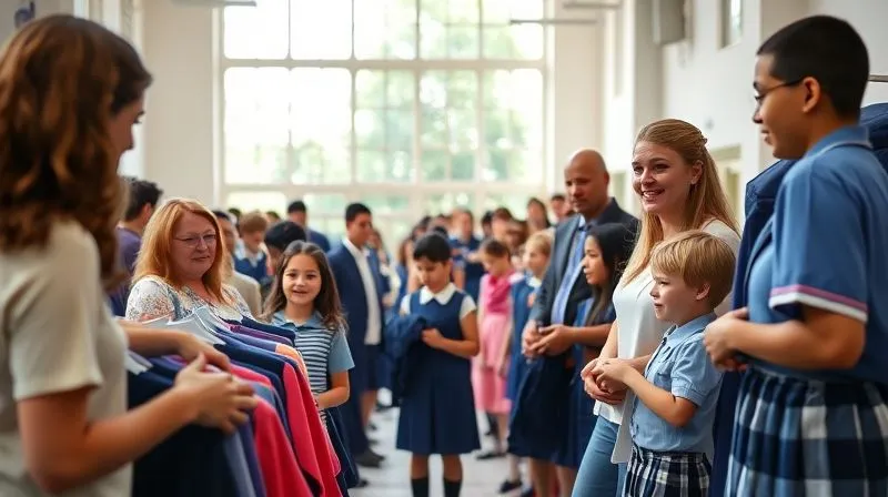 photorealistic, professional photography, 8K, cinematic lighting, sharp focus, depth of field, shot on a high-end DSLR. A vibrant community uniform swap event in a brightly lit school hall. Parents and children are happily exchanging neatly folded school uniforms. Clothes racks are full of various sizes, and there's a sense of camaraderie and shared purpose. Natural light streams through large windows, highlighting the positive atmosphere.