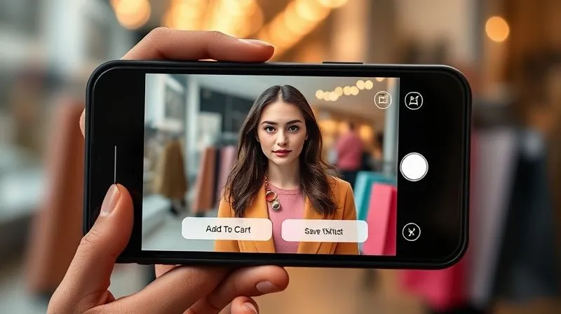photorealistic, professional photography, 8K, cinematic lighting, sharp focus, depth of field, shot on a high-end DSLR, a smartphone screen showing an augmented reality fashion try-on, with clear 'Add to Cart', 'Save to Wishlist', and 'Share' buttons prominently displayed, surrounded by blurred shopping bags, symbolizing post-try-on engagement and conversion.