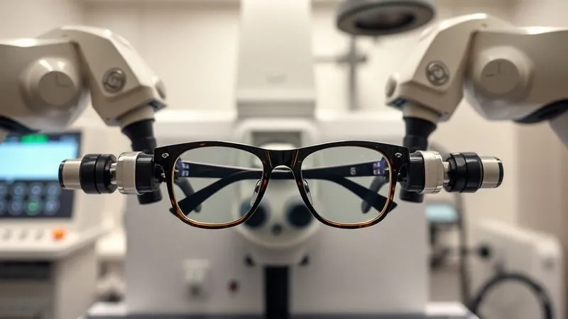 A photorealistic professional photography shot of a pair of stylish eyewear frames clamped securely into a sophisticated laboratory testing apparatus, with robotic arms gently but repeatedly flexing the temples. The lab environment is clean and well-lit, with digital readouts visible in the background. 8K, cinematic lighting, sharp focus on the testing, depth of field blurring the lab equipment, shot on a high-end DSLR.