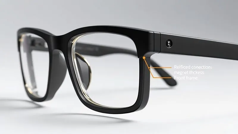 A photorealistic detailed CAD rendering of an eyewear frame, focusing on a robust hinge mechanism seamlessly integrated into the temple and front frame. The design highlights reinforced connection points and optimized material thickness for durability, with subtle annotations indicating stress distribution. Professional photography, 8K, cinematic lighting, sharp focus, depth of field, shot on a high-end DSLR.