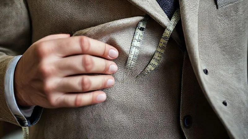 A close-up, photorealistic image of a tailor's hands gently stretching and examining the fine wool fabric of a suit jacket, with measuring tape draped nearby, illustrating fabric quality and potential for alteration. Professional photography, 8K, cinematic lighting, sharp focus, depth of field.