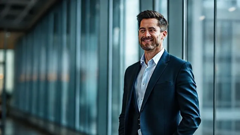 A successful businessman stands confidently in a perfectly tailored, dark navy suit, smiling slightly as he looks out a large office window. The suit fits impeccably, showcasing the results of professional alteration. Photorealistic, professional photography, 8K, cinematic lighting, sharp focus, depth of field.