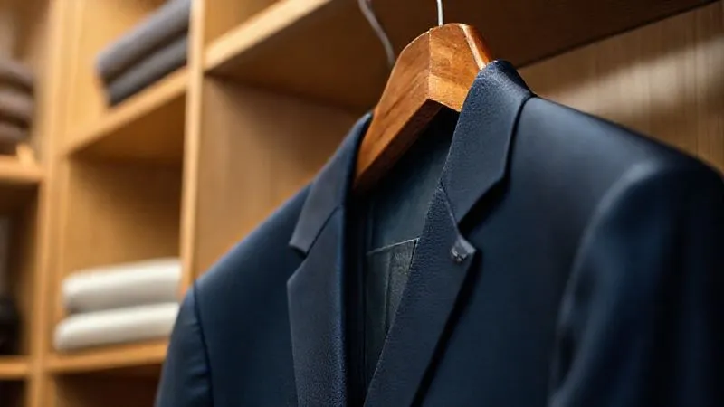 A close-up, photorealistic image of a high-quality men's suit jacket hanging neatly on a wide, contoured wooden hanger in a well-organized closet, with soft, natural light illuminating the scene. The image conveys care, organization, and the preservation of quality. Professional photography, 8K, cinematic lighting, sharp focus, depth of field.