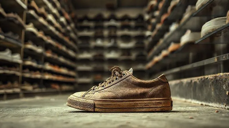 A photorealistic image of a classic, slightly worn casual sneaker, placed in a dusty, dimly lit corner of an old, forgotten shoe store, symbolizing neglect and stagnation. Professional photography, 8K, cinematic lighting, sharp focus on the texture of the worn leather, depth of field blurring the background of dusty shelves. Shot on a high-end DSLR.
